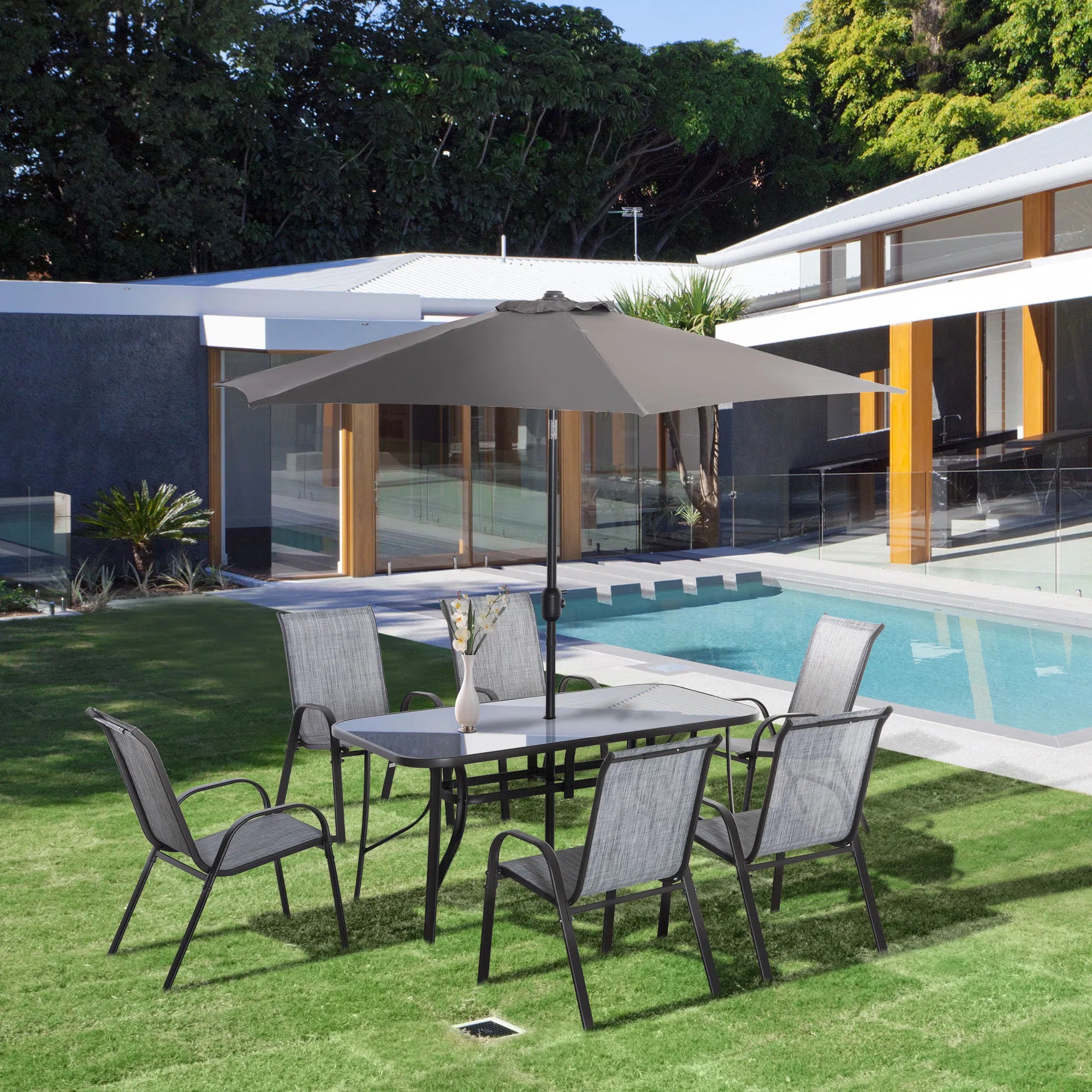 8 Pieces Outdoor Dining Table and Chairs, with Adjustable Table Umbrella, Fast-Drying Fabric, 6 Chairs and Dining Table, Grey