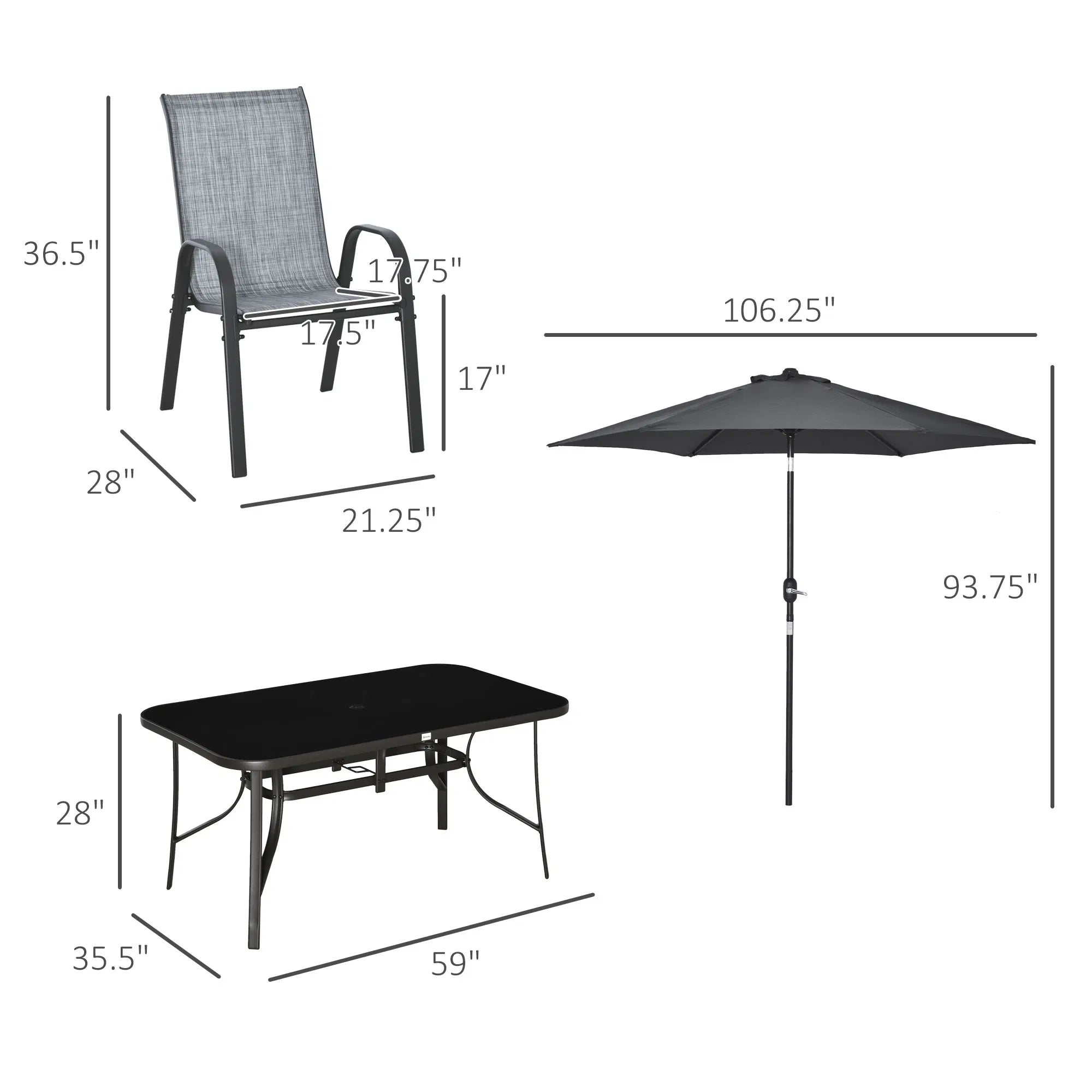 8 Pieces Outdoor Dining Table and Chairs, with Adjustable Table Umbrella, Fast-Drying Fabric, 6 Chairs and Dining Table, Grey
