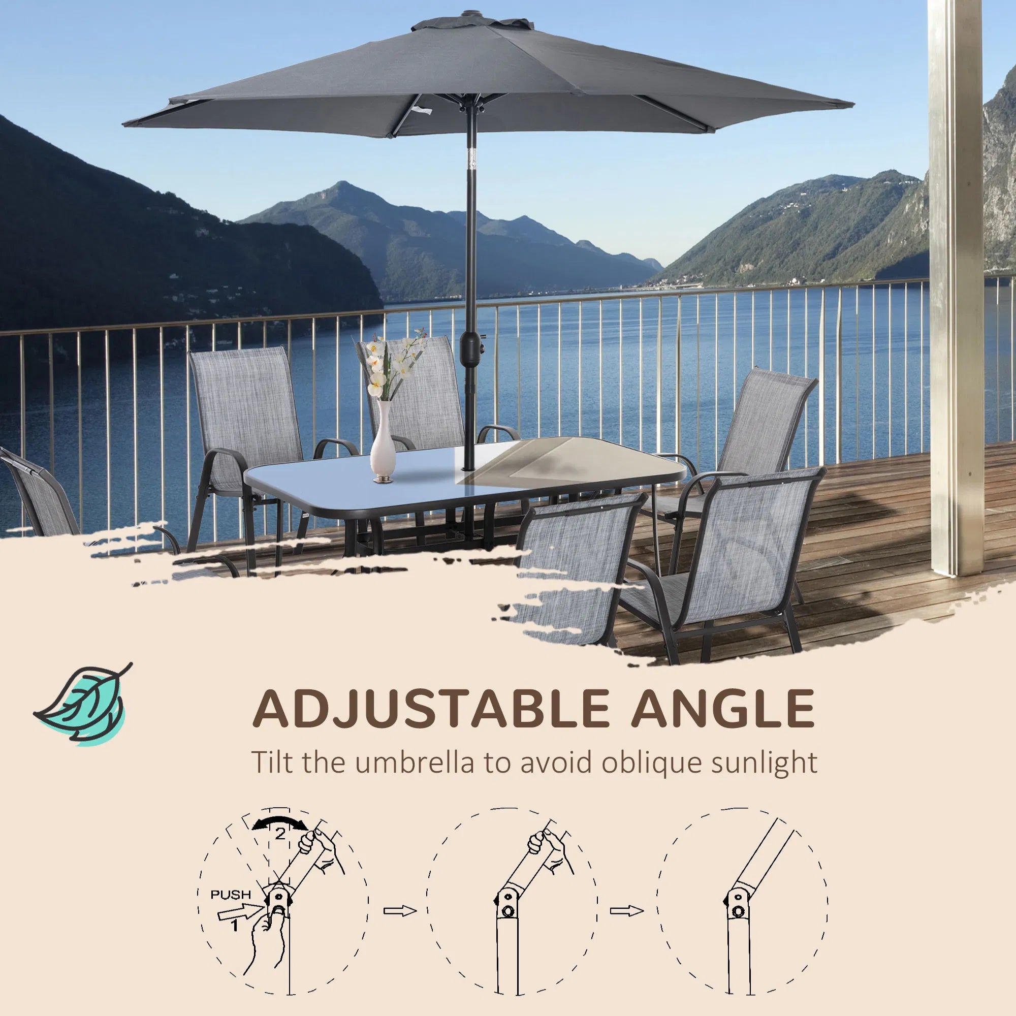 8 Pieces Outdoor Dining Table and Chairs, with Adjustable Table Umbrella, Fast-Drying Fabric, 6 Chairs and Dining Table, Grey