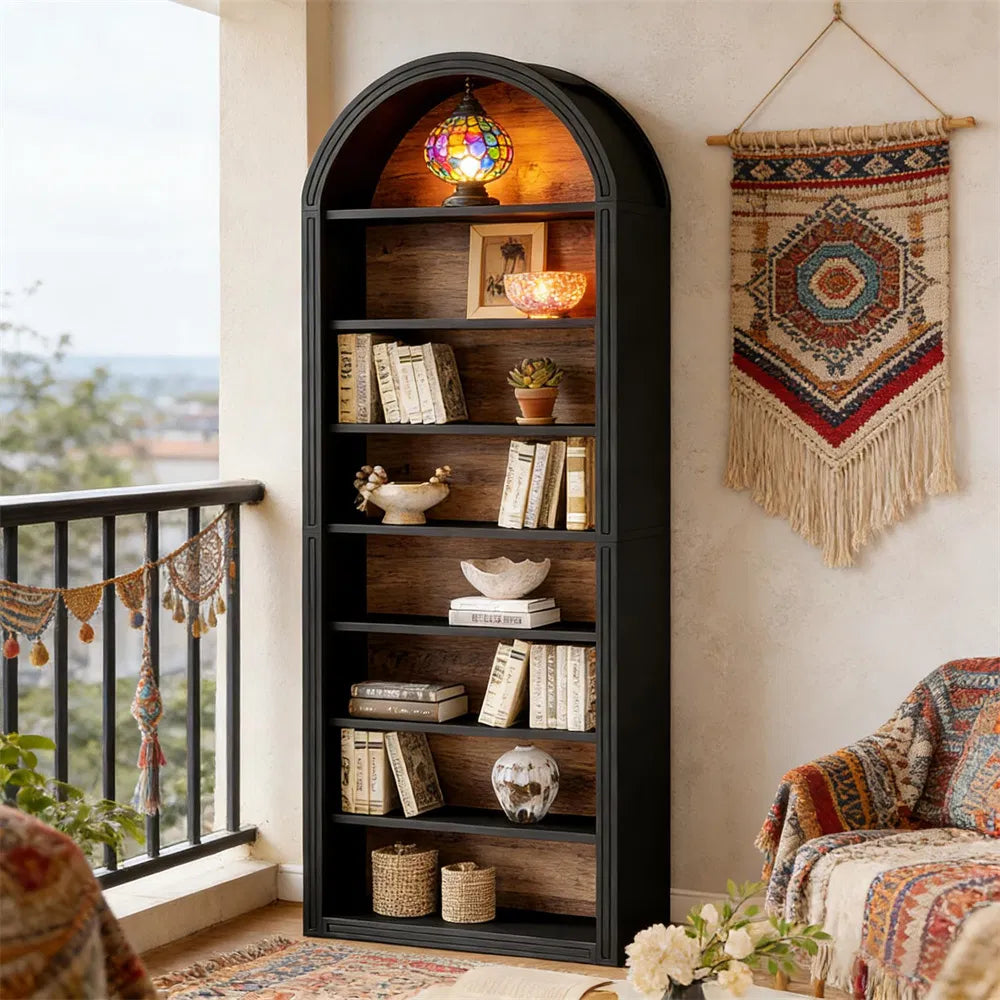 Arched bookshelf, large independent wooden open bookshelf, suitable for living rooms, bedrooms, offices, libraries, storage cabinets