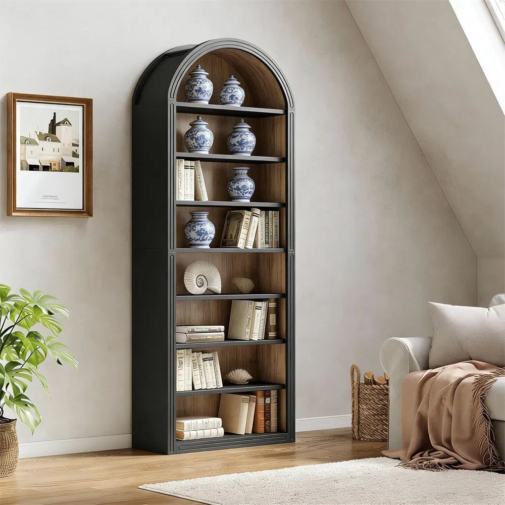 Arched bookshelf, large independent wooden open bookshelf, suitable for living rooms, bedrooms, offices, libraries, storage cabinets