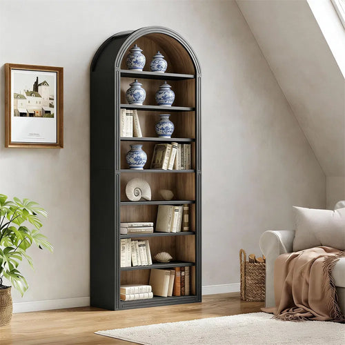 Arched bookshelf, large independent wooden open bookshelf, suitable for living rooms, bedrooms, offices, libraries, storage cabinets