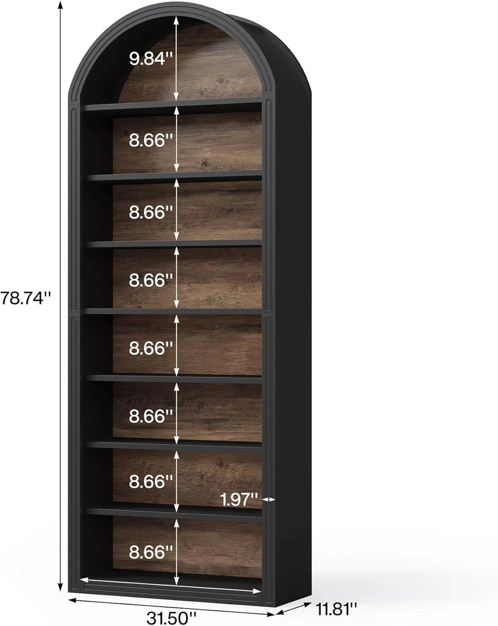 Arched bookshelf, large independent wooden open bookshelf, suitable for living rooms, bedrooms, offices, libraries, storage cabinets