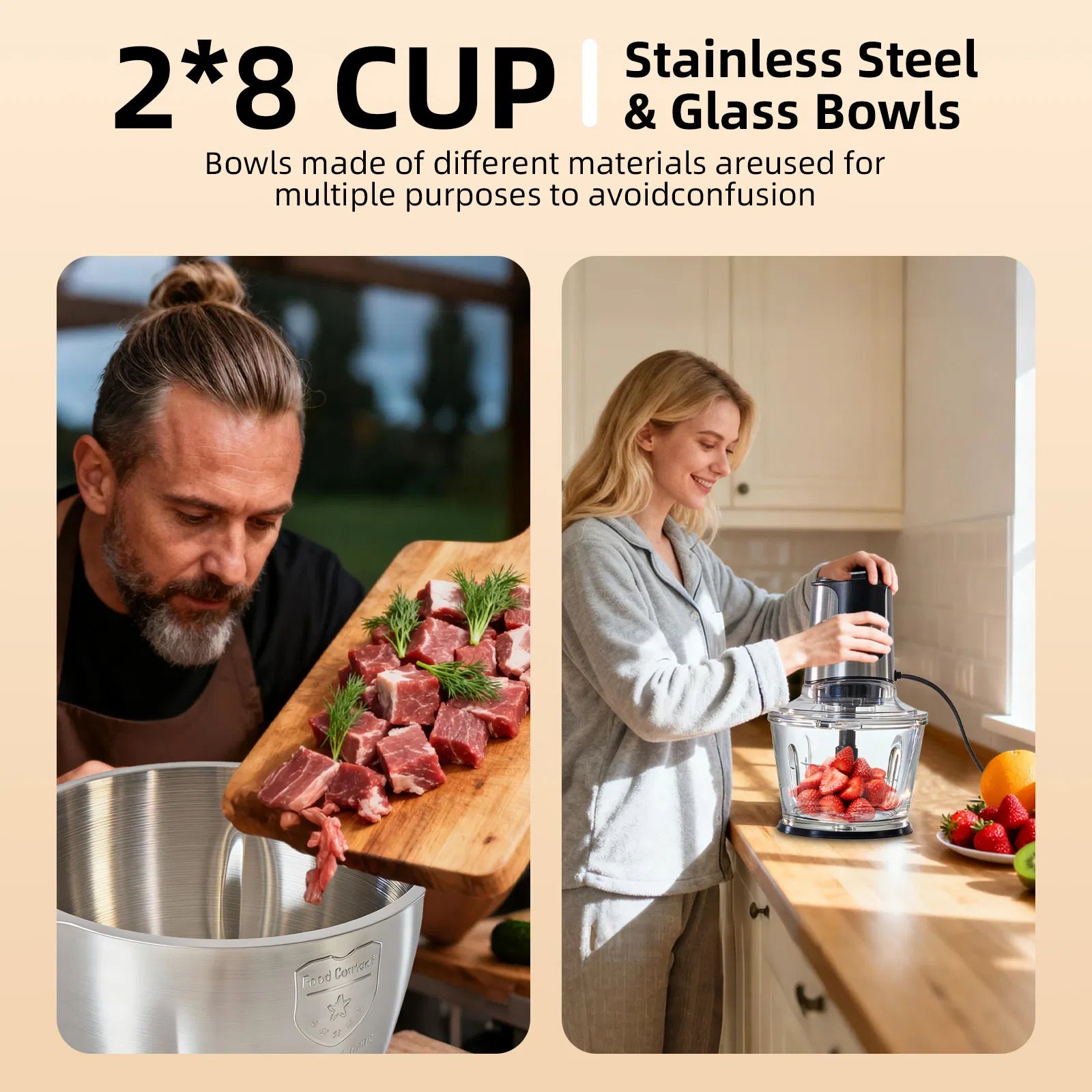Food Processor, Electric Meat Grinder, Vegetable Chopper, with Dual Bowls