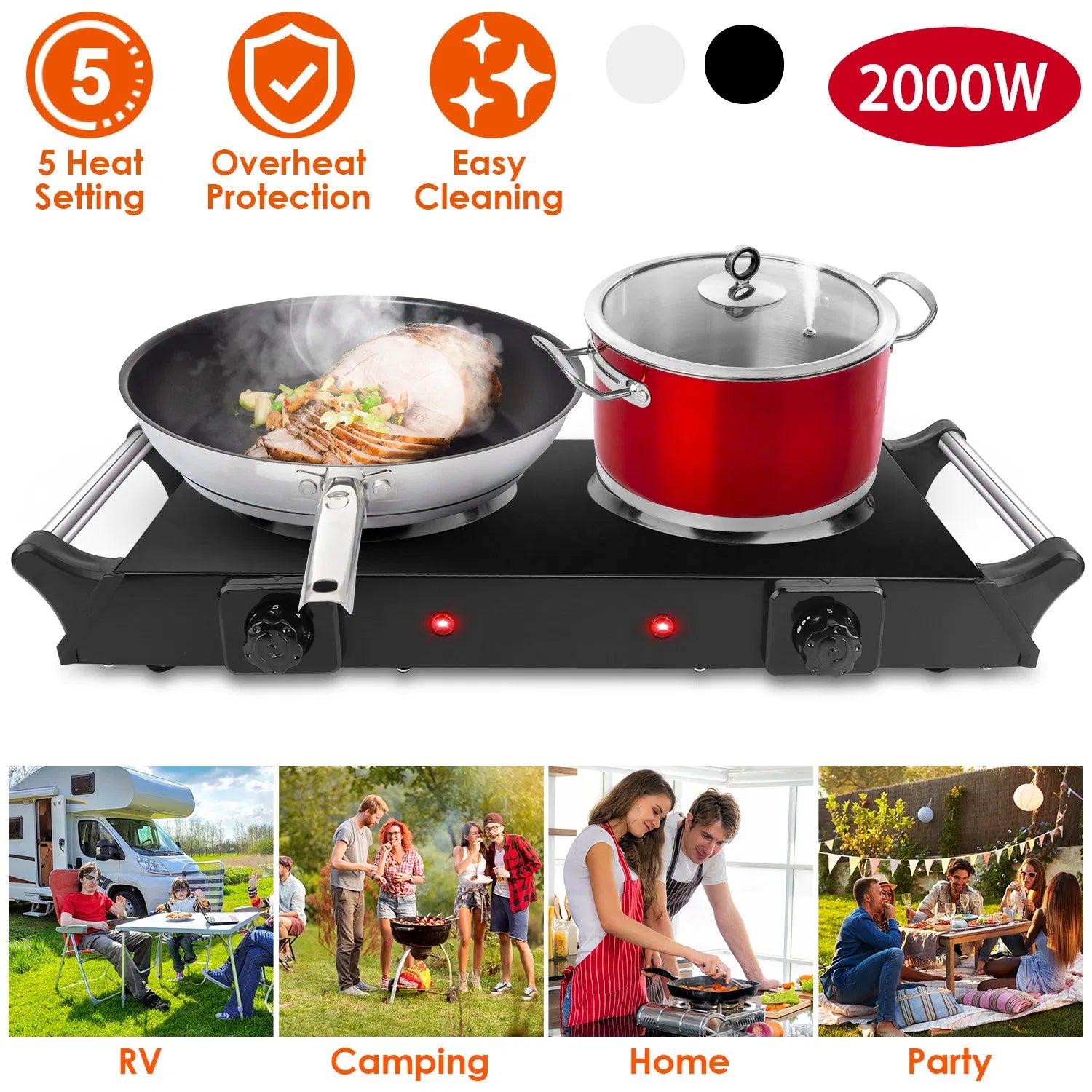 Portable Dual Burner Electric Stove - 2000W Power, 5 Temperature Levels, 5.5in Coils, Fast Even Cooking, Fits Flat Cookware, Ideal for Apartments/RVs, Easy Cleaning Design