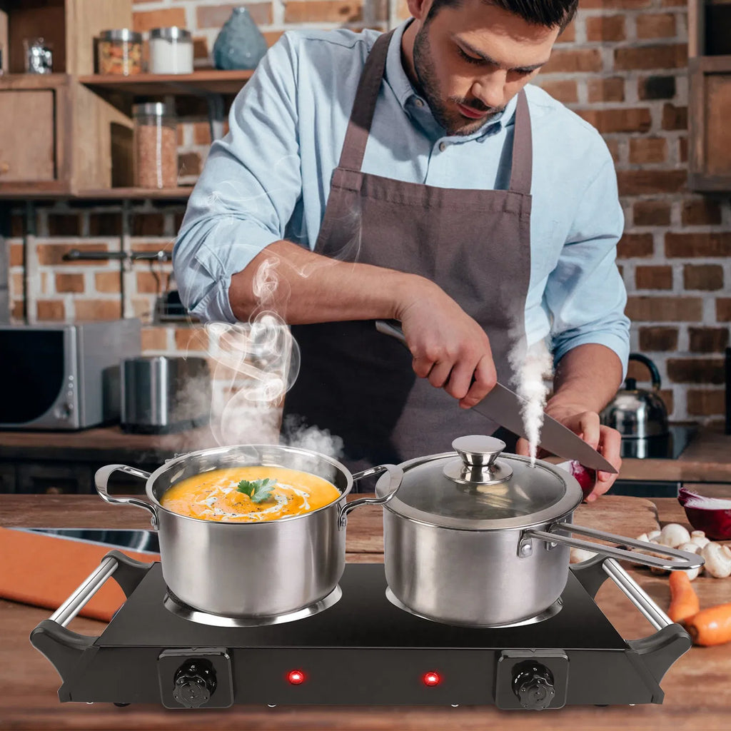 Portable Dual Burner Electric Stove - 2000W Power, 5 Temperature Levels, 5.5in Coils, Fast Even Cooking, Fits Flat Cookware, Ideal for Apartments/RVs, Easy Cleaning Design