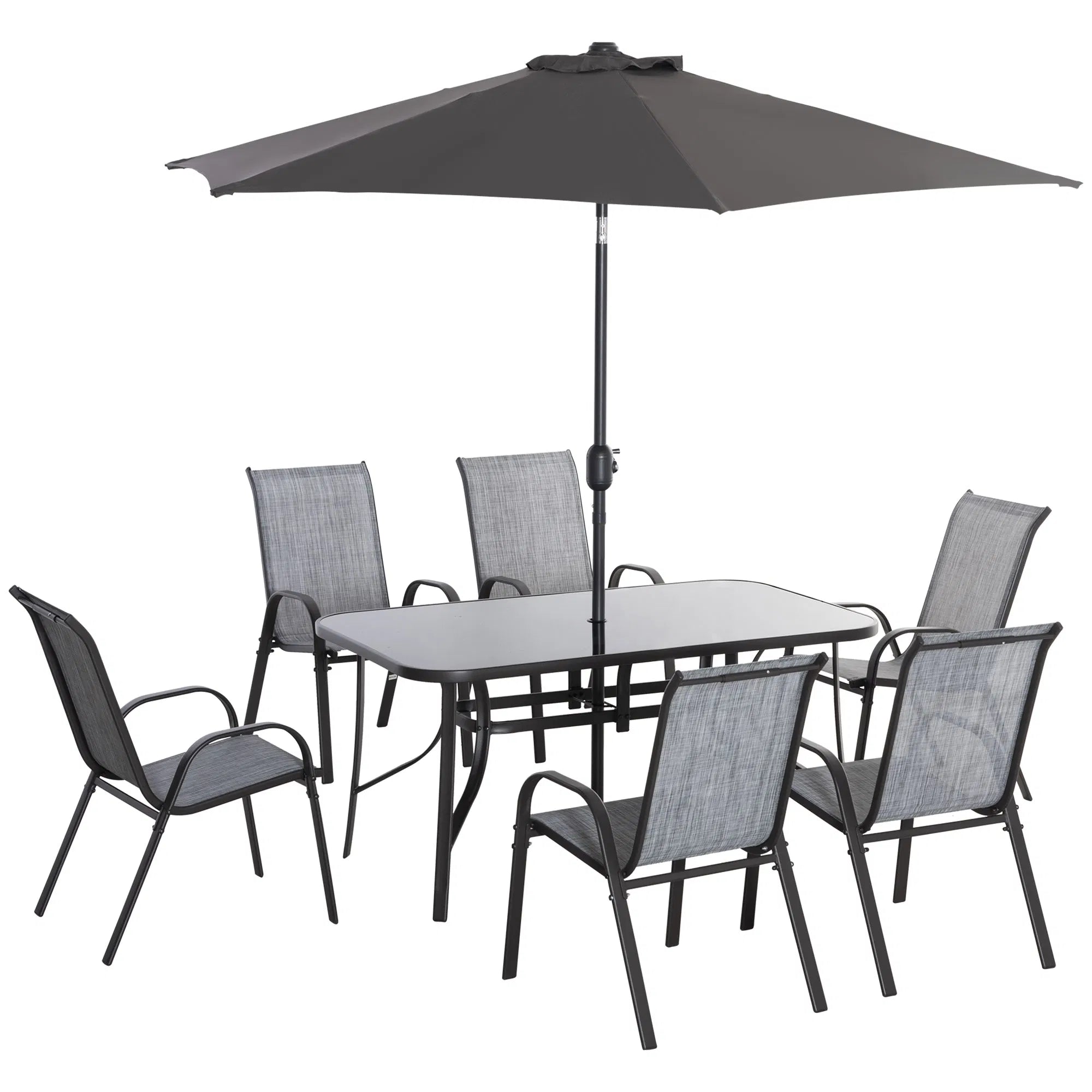 8 Pieces Outdoor Dining Table and Chairs, with Adjustable Table Umbrella, Fast-Drying Fabric, 6 Chairs and Dining Table, Grey