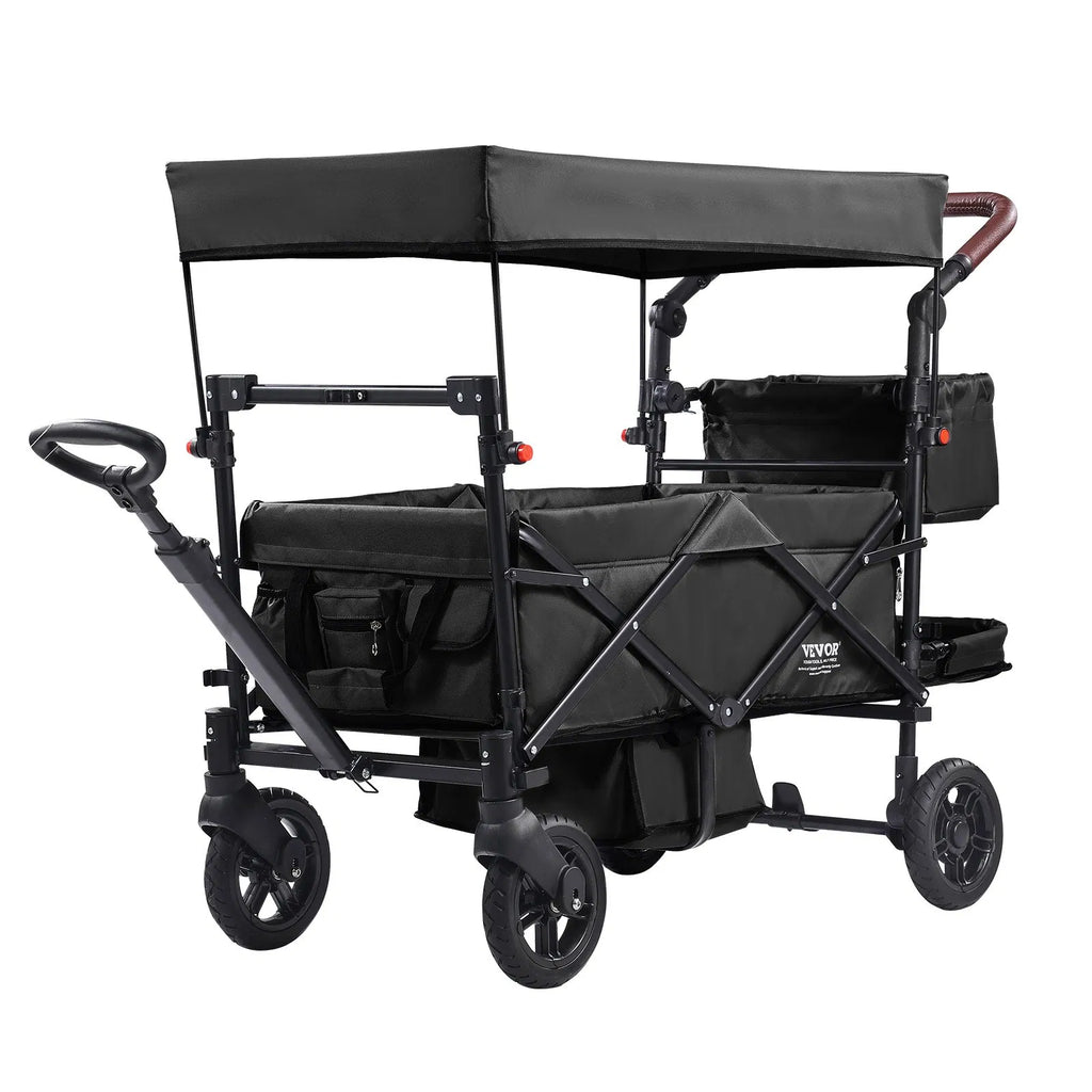 VEVOR Wagon Stroller for 2 Kids, Push Pull Quad Collapsible Stroller with Adjustable Handle, Encircling Harness Removable Canopy, 4 Wheels with Brakes, Mutifunction Tandem Stroller for Camping Black